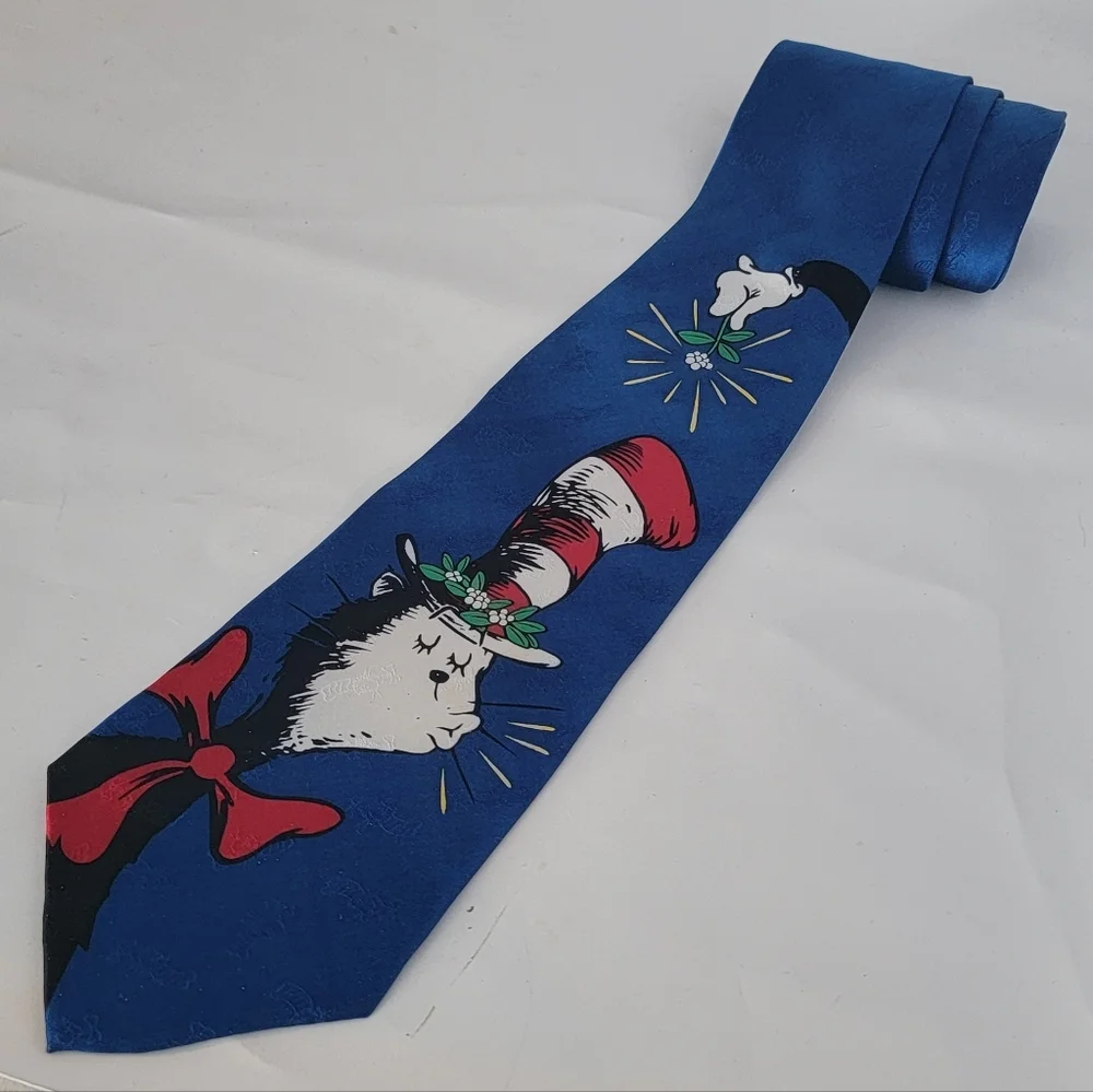 VTG Dr. Seuss Wide Necktie Tie Cat In The Hat Mistletoe Christmas 100% Silk